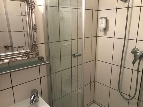 a bathroom with a shower with a sink and a mirror at Balthasar Neumann Speiserei & Gästehaus - Zentrum Brühl -E-Ladestation, nähe Phantasialand in Brühl