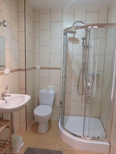 y baño con ducha, aseo y lavamanos. en Apartamenty Łeba, en Łeba