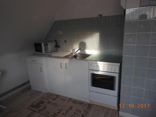 eine kleine Küche mit einer Spüle und einer Mikrowelle in der Unterkunft Ferienwohnung E.F. Schaper in Stadtoldendorf
