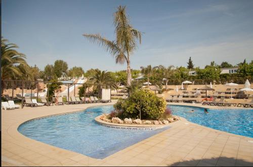 a swimming pool at a resort with a palm tree at Camping Sènia Tucan in Lloret de Mar