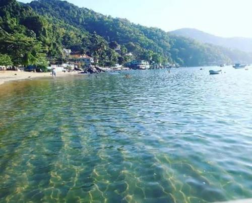 a large body of water with a beach and trees at Nena's Suítes in Praia de Araçatiba