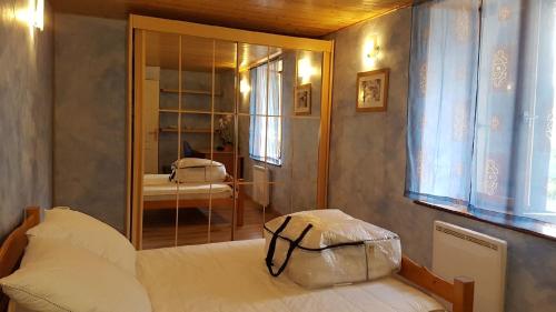 um quarto com um espelho e uma cama num quarto em La fontaine em Vertamboz