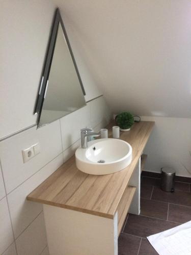 a bathroom with a sink and a mirror at Haus Willi - kleine & schnuckelige Ferienwohnung in Ortenberg mit WLAN Balkon Parkplatz - neu & sauber & gemütlich in Ortenberg