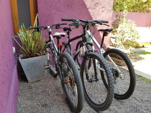 two bikes are parked next to a wall at Posada Borravino in Chacras de Coria