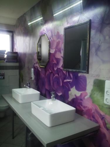 a bathroom with two sinks and a tv on the wall at Bea's Monteurzimmer in Seckach