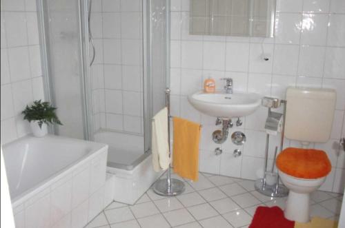 y baño con aseo, lavabo y ducha. en FeWo Albrecht in Metschow, en Borrentin