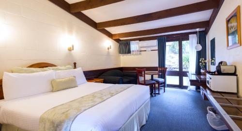 um quarto de hotel com uma cama grande e uma secretária em Blackheath Motor Inn em Blackheath