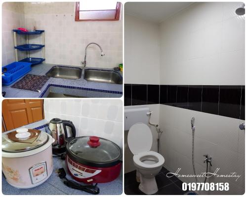 três fotografias de uma cozinha com um WC e um lavatório em Homesweet Homestay Jasin em Malaca