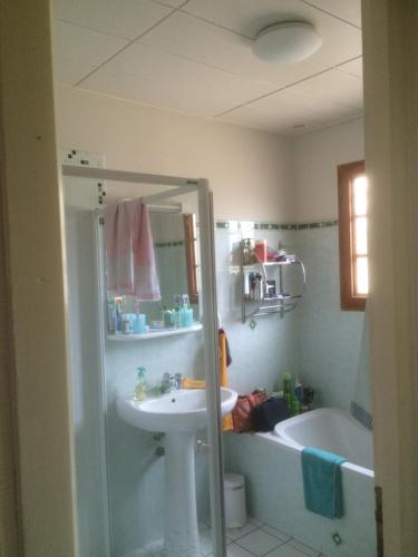 une salle de bain avec une douche, un lavabo et une baignoire dans l'établissement La maison d'été de mes parents, à Vendays-Montalivet