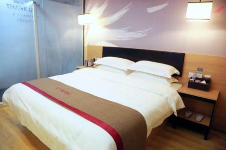 een slaapkamer met een groot wit bed met 2 kussens bij Thank Inn Chain Hotel Jiangsu Zhenjiang Danyang Train Station in Jinglin
