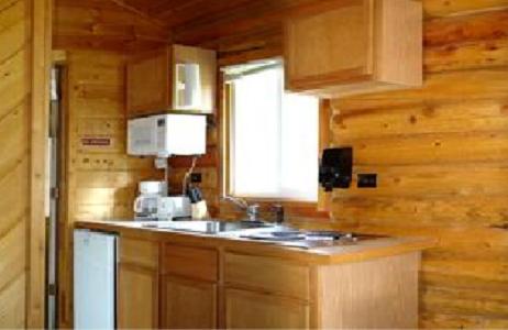 een keuken met houten kasten, een wastafel en een raam bij Eagle Ridge Ranch in Island Park
