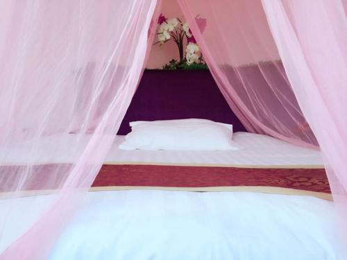 een slaapkamer met een bed met roze gordijnen bij Thank Inn Chain Hotel Jiangsu Suzhou likou Metro Station in Suzhou