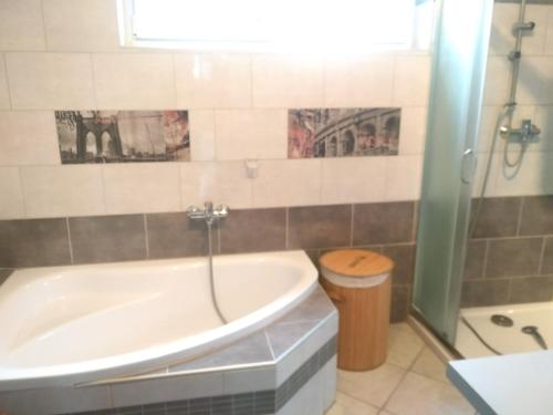 a bathroom with a bath tub and a shower at Bea's Monteurzimmer in Seckach