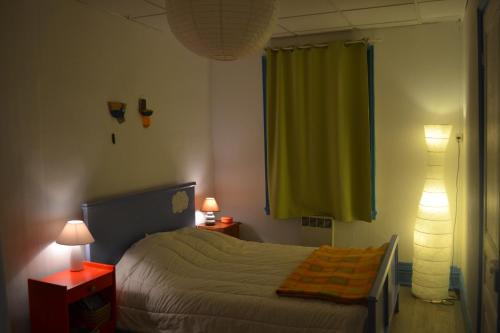 オーにあるAppartement Baie de Sommeのベッドルーム(ベッド1台、緑のカーテン付)