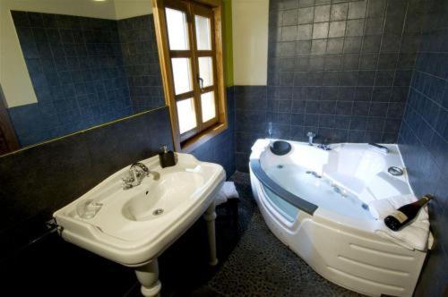 uma casa de banho com um lavatório e uma banheira ao lado de um lavatório em El Coto Hotel Restaurante em Vitoria-Gasteiz