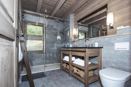 W łazience znajduje się prysznic, toaleta i umywalka. w obiekcie Chalet Kristall w mieście Rosswald
