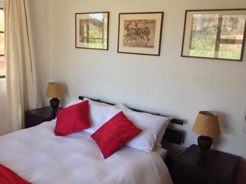 a bedroom with a bed with two red pillows at Swaynekloof Farm in Botrivier