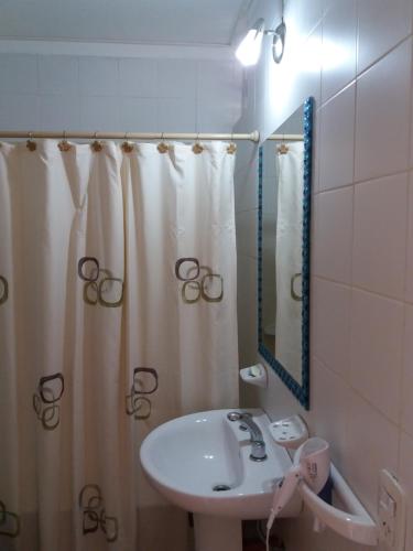 a bathroom with a sink and a shower curtain at Como en Casa 2 in Rosario