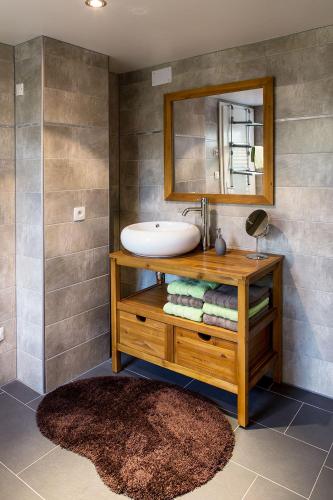 une salle de bain avec un lavabo et un miroir dans l'établissement SFK -Maison Moderne-Jardin-Parking-10mn Strasbourg, à Vendenheim