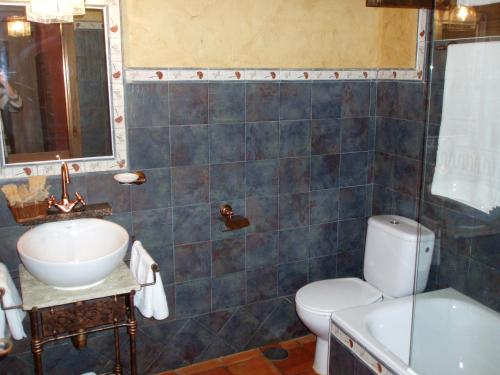 ein Badezimmer mit einem weißen WC und einem Waschbecken in der Unterkunft La Casa Vieja in Turégano