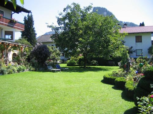 a yard with a green lawn with a tree and a house at Frühstückspension Huber in Fuschl am See