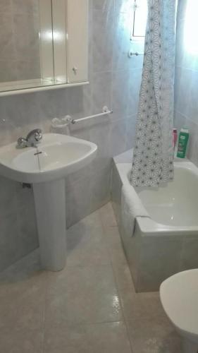 a bathroom with a sink and a shower curtain at Apartamentos Loyo in Portomarin
