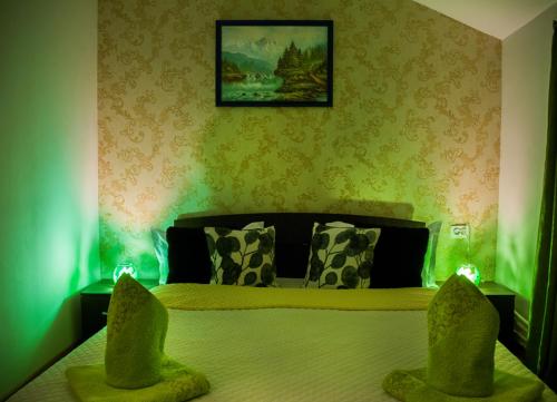 a bedroom with a bed with green lighting at Casa Regala EAR in Craiova