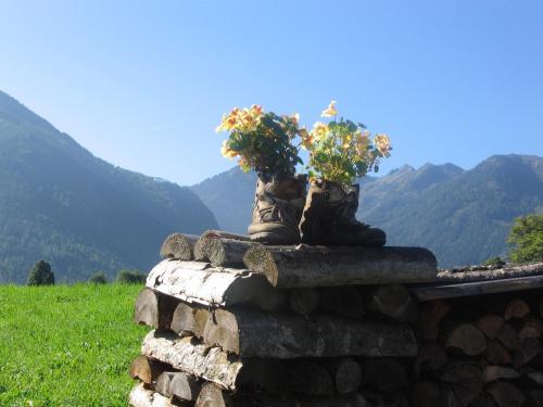 two boots with flowers on top of a stone wall at Landhaus Steiner in Schladming