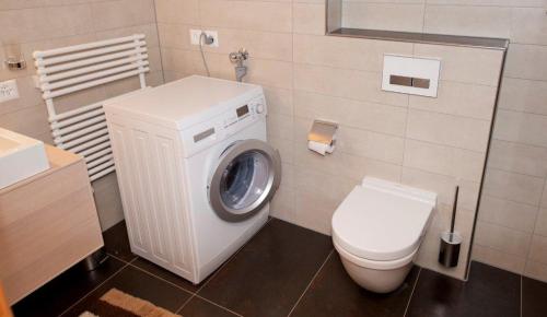 a bathroom with a washing machine and a toilet at Chasa Seraina in Samnaun