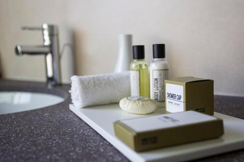 un bancone del bagno con due bottiglie di sapone e una scatola di Zara Rooms & Suites a Suzzara