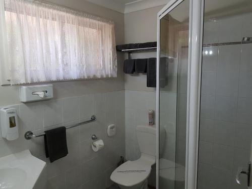 a bathroom with a toilet and a glass shower at Abraham Lincoln Motel in Tamworth