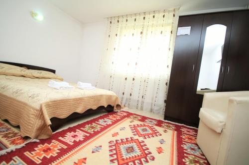 a bedroom with a bed and a red rug at Pensiunea Ciobanelu in Malaia