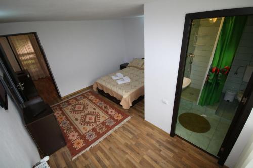 a small bedroom with a bed and a shower at Pensiunea Ciobanelu in Malaia