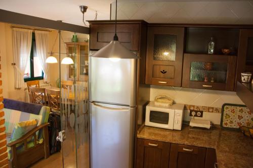 a kitchen with a refrigerator and a microwave at Hostal El Recanto in Vega de Valcarce