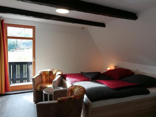 a bedroom with a bed and a table and chairs at Die Oberlochmühle PENSION in Deutschneudorf