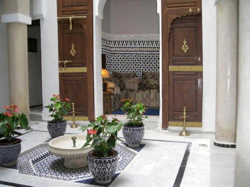 una hall con una fontana e piante in vaso in un edificio di Dar Eva a Fes