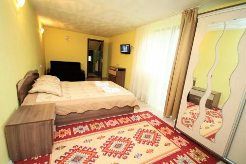 a small bedroom with a bed and a rug at Pensiunea Ciobanelu in Malaia