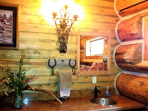 a bathroom with a sink in a log cabin at McDonald's Ranch Lodge in Gardiner
