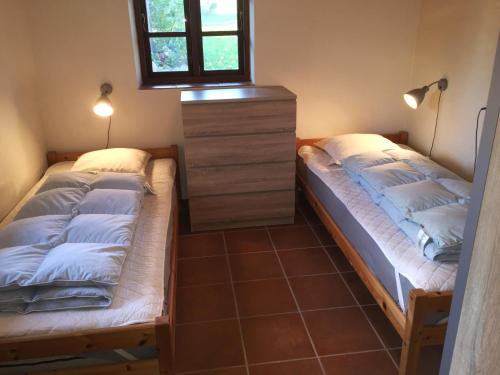 2 camas en una habitación con vestidor y ventana en Fuglsang Apartments, en Skattebølle