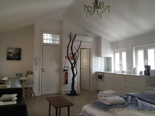 a kitchen with a tree in the middle of a room at Almamater Lisbon Apartments in Lisbon