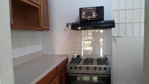 a kitchen with a stove with a microwave above it at Golden Apple Cottage in Castara