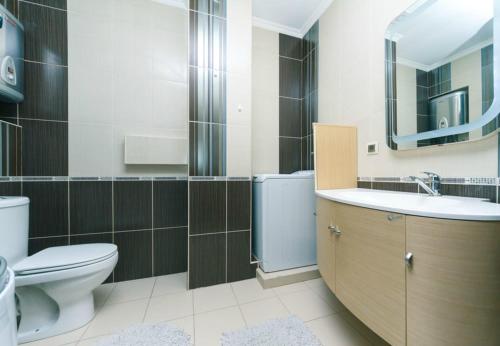 ein Badezimmer mit einem Waschbecken, einem WC und einem Spiegel in der Unterkunft Двухкомнатная студио на Саксаганского in Kiew