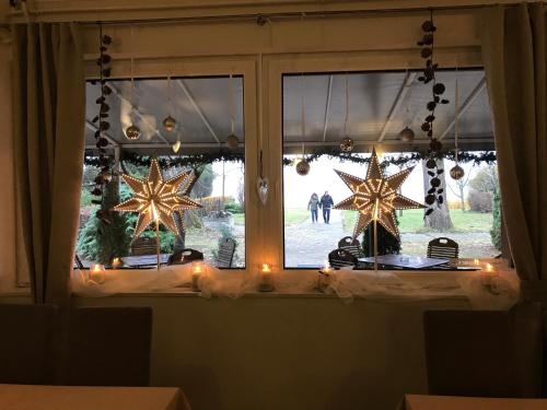 a window with christmas lights and stars on it at Sirály Panzió Tópart in Tata