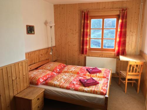 a bedroom with a bed and a desk and a window at Horský hotel Portáš in Nový Hrozenkov