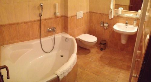 a bathroom with a tub and a toilet and a sink at Holiday Park Orava - Hotel Orava in Dolný Kubín