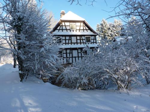 una casa cubierta de nieve con árboles y arbustos en Ferme Auberge du Moulin des Sept Fontaines, en Drachenbronn