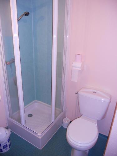 a bathroom with a shower and a white toilet at Auberge du Saut des Cuves in Xonrupt-Longemer