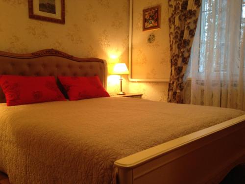 a bedroom with a bed with red pillows and a window at Domik v lesy in Lyutezh