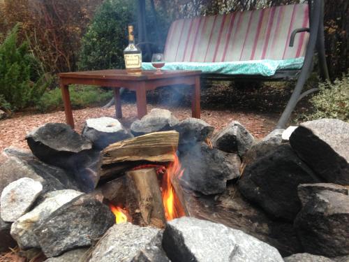 a fire pit with a table and a bench at Domik v lesy in Lyutezh