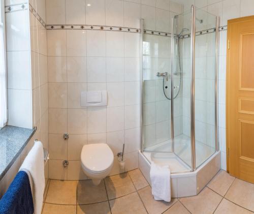a bathroom with a shower and a toilet at Pfaffinger Hof in Pfaffing